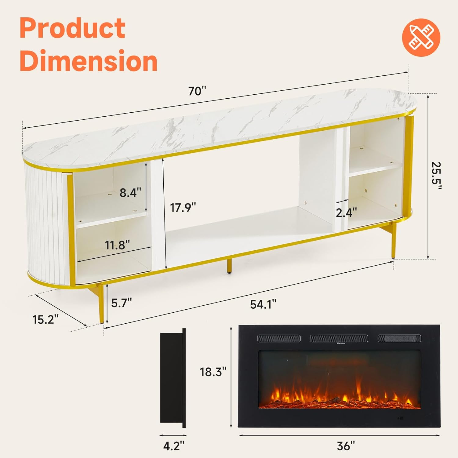 Luxury 70" Fluted Fireplace TV Stand, Modern Chic Entertainment Center for TVs Up to 80", TV Console for Living Room, White Media Cabinet with Storage,70 Inch - Image 2