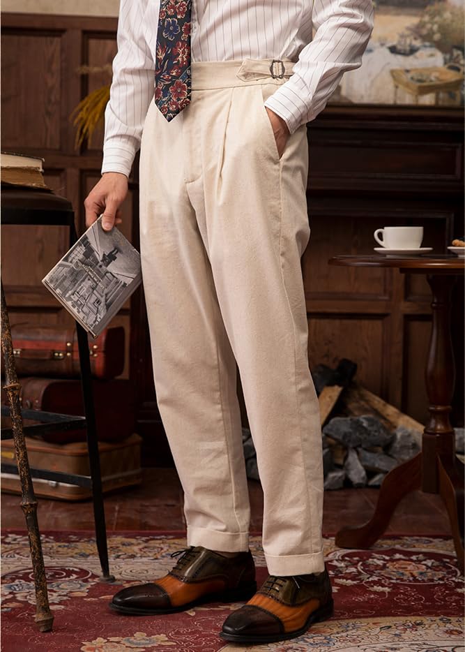 Men's Linen Slim Fit Dress Pants Gurkha Pleated Work Pants Button Zipper Fly Suit Pants Summer2