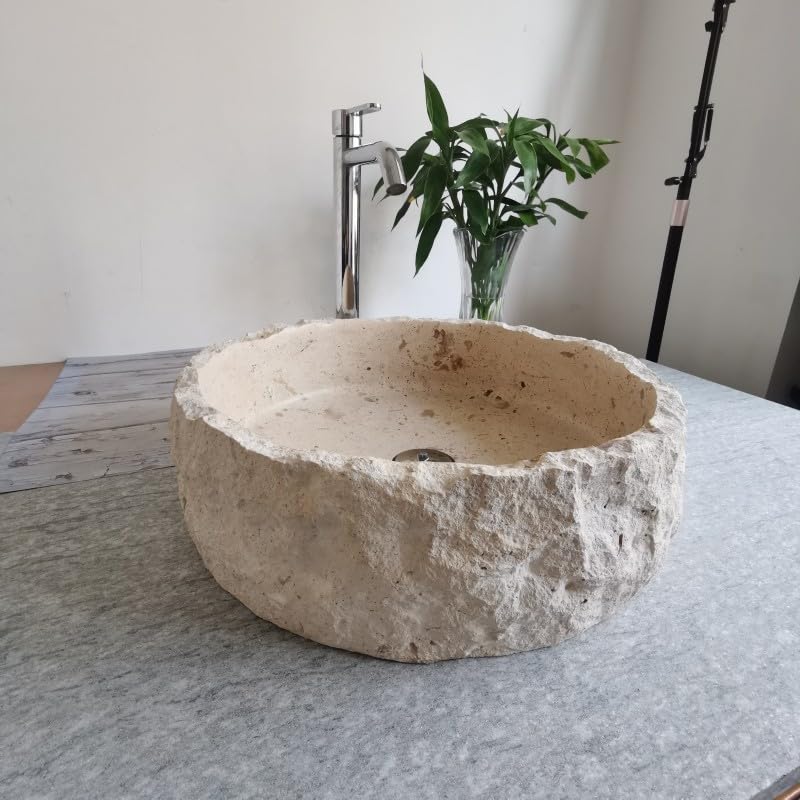 Beżowy trawertyn kamienna umywalka blat okrągłe zlewozmywaki 40 cm x 13 cm chrocks