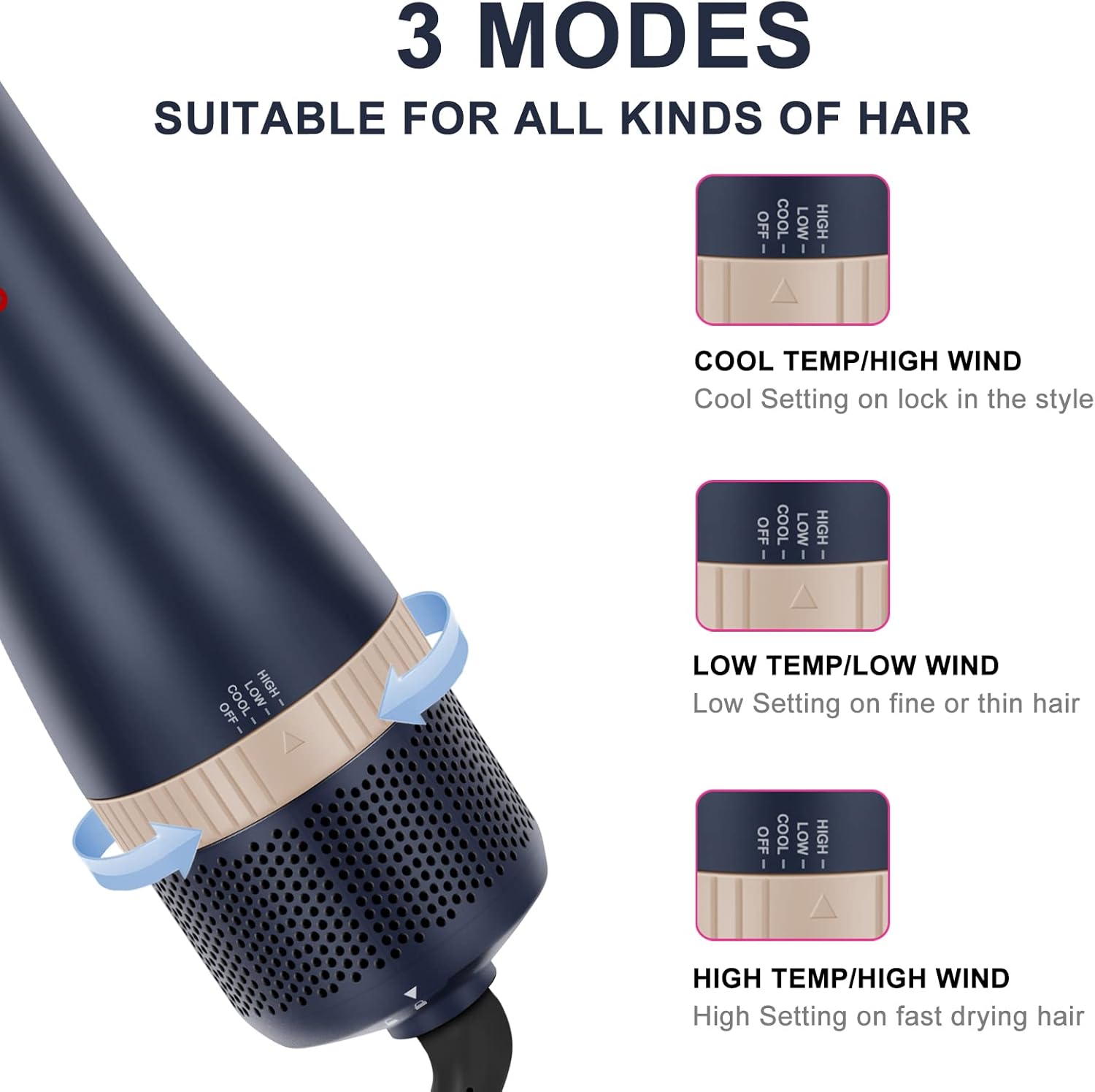 Hair Dryer Brush Set, IG INGLAM 4 in 1 Blowout Brush, Negative Ion Detachable Hair Dryer & Styler Volumizer Hot Air Hair Dryer Brush with 2 Styling Brush Heads, Prussian Blue - Image 4