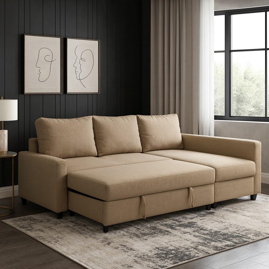Karnak Diwan 3 Seater Sofa Cum Bed | Convertible Corner L-Shape Sofa Plus Bed with Storage Space Box & Free Cushion | Beige Sofa for Living Room, Home & Office, Apartment