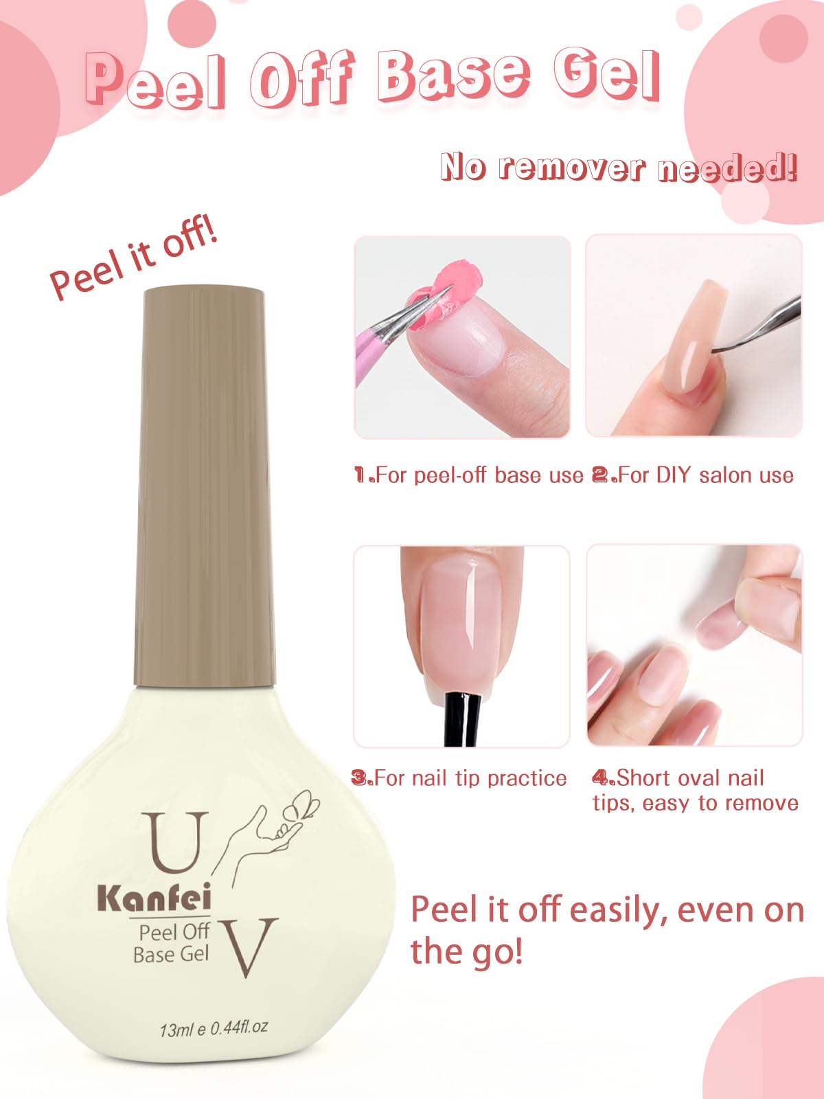 kanfei Peel Off Gel Base Coat,13ml Peelable Gel Clear Foundation Coat for Gel Nail Polish,UV LED Lamp Needed Base Coat Nail Polish,Without Soaking for Take off Nail Practice Beginners,Nail Salon Gifts
