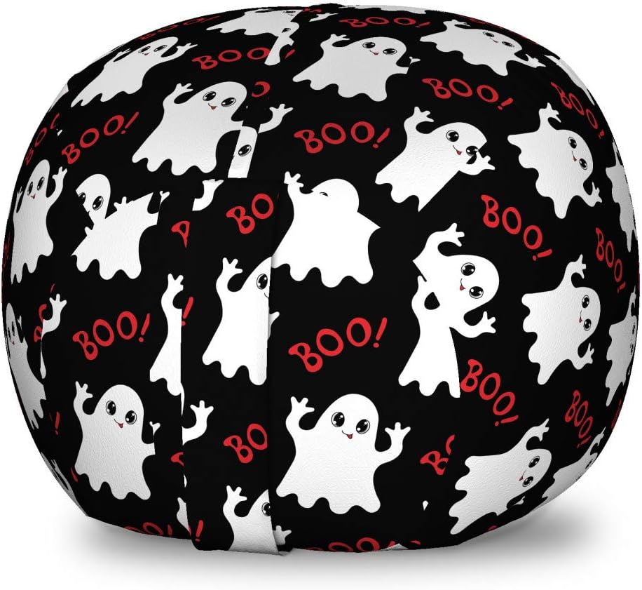 Ambesonne Ghost Storage Toy Bag Chair, Happy Halloween Theme Silly Ghosts on Black Boo Texts Pattern, Stuffed Animal Organizer Washable Bag, Small Size, Vermilion White