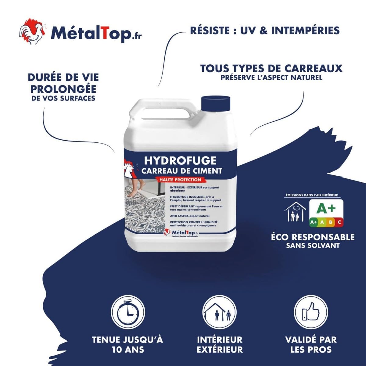 Métaltop - Hydrofuge Carreau De Ciment - 5 L - Protège durablement les carreaux de ciment poreux en intérieur et extérieur