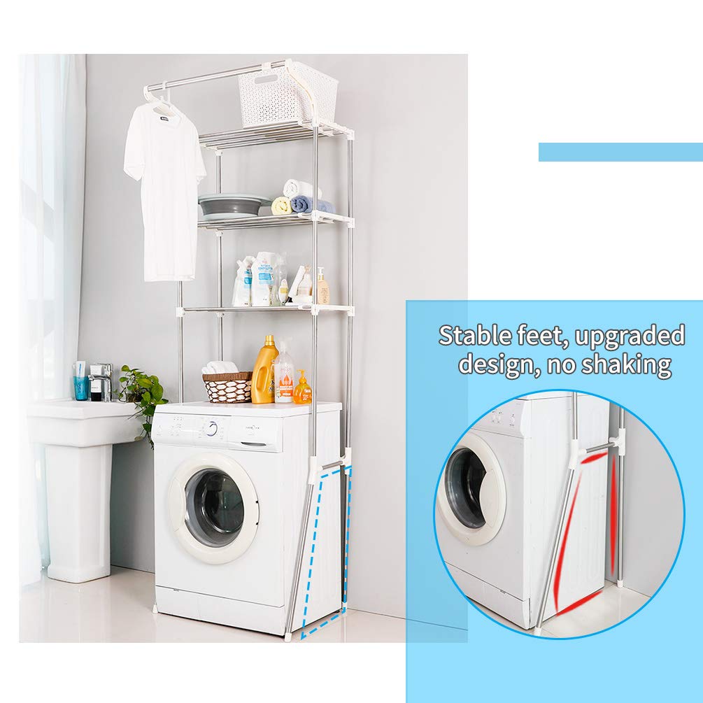 BAOYOUNI 3 Niveles Estantería para la Lavadora Metal Estante de Almacenamiento para Baño sobre Inodoro, Ahorra Espacio, Ajustable Ancho, 61-97 x 49,5 x 210cm, Color Marfil