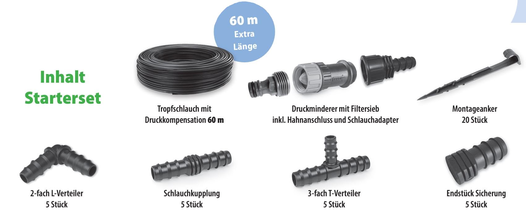Aquadrip Tropfschlauch Bewässerung/Perlschlauchbewässerung Starter Set 60m, bis zu 70% Wasser sparen