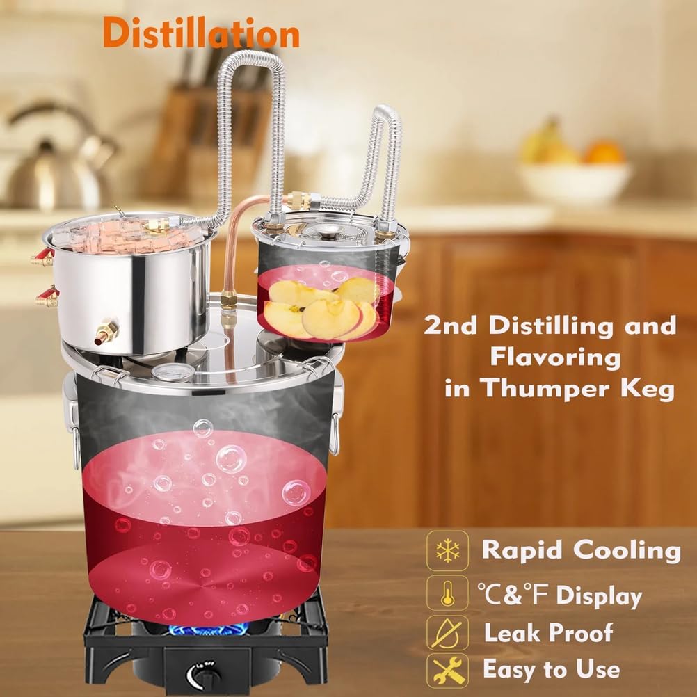 Home Brewing Distillery Kit 3 Pots Stainless Steel Alcohol Distiller Complete with Thumper Keg and Metal Thermometer Copper Coil for DIY Whisky Brandy Vodka Wine Making, 3 gal/11 L