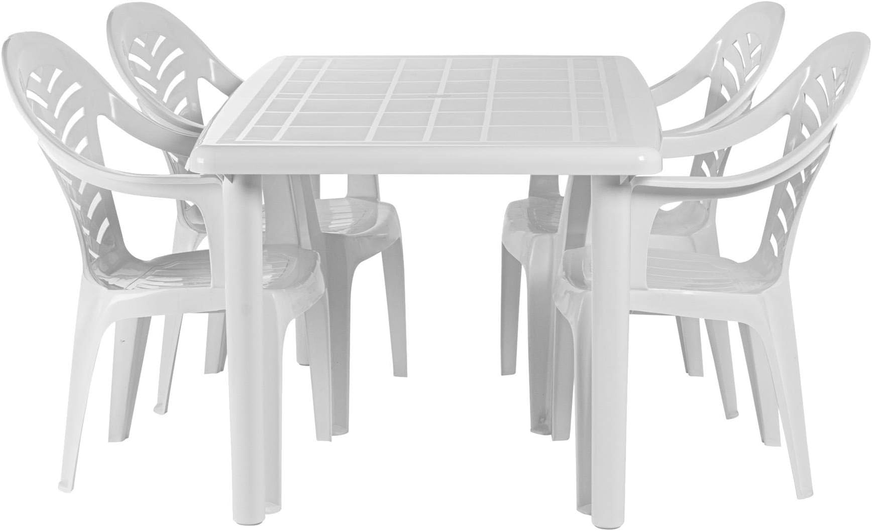 Resol Olot 4 Seater Dining Set - White - Heavy Duty Polypropylene Plastic Garden Table with Parasol Hole & 4 Stackable Chairs for Patio, Garden, Outdoor, Pool