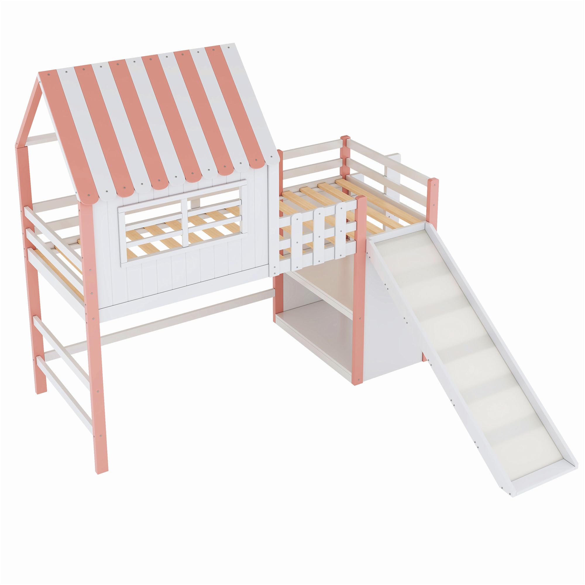 Dolamaní Kinderbett Etagenbett 90x200 cm mit Stauraum Regal und Rutsche, Hochbett mit Rausfallschutz, Holzbett mit Lattenrost, Hausbett mit Dach eines Hauses ohne Matratze (Rosa)