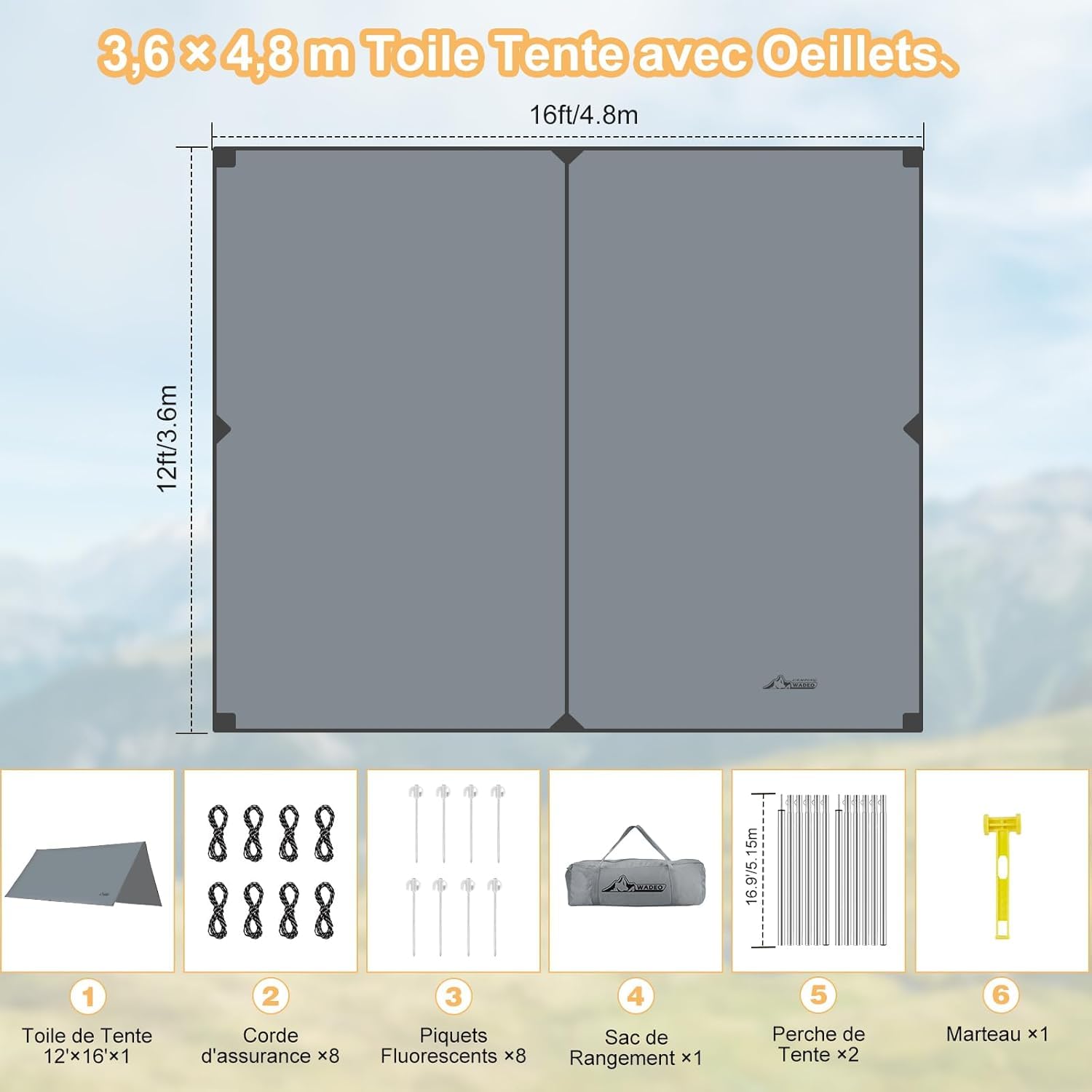 WADEO Bâche Anti-Pluie Plus Size 3.6x4.8m Camping Rain Tarp Toile Imperméable Légère avec Poteaux (Gris)