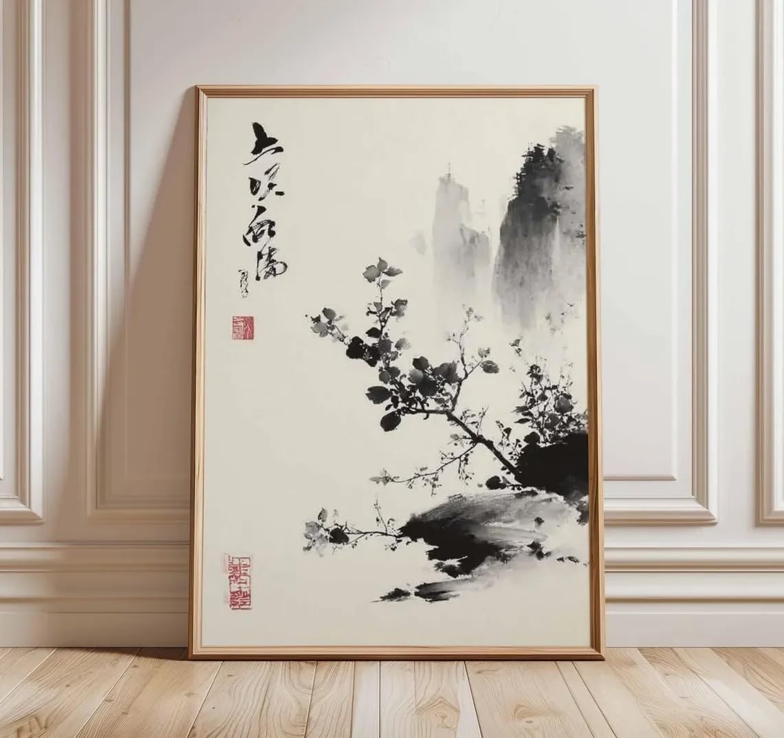 Dittelle Frameless Japanese Ink Wash Wall Art, Minimalist Black And White Poster, Asian Calligraphy Print, Zen Brush Painting Decor(60X80cm/Frameless)