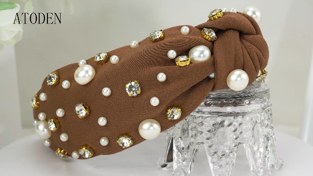 Pearl Multi Bead Embellished Knot Burnout Headband Amazon.com : Atoden Pearl Headband Brown Knotted Rhinestone  main image 4