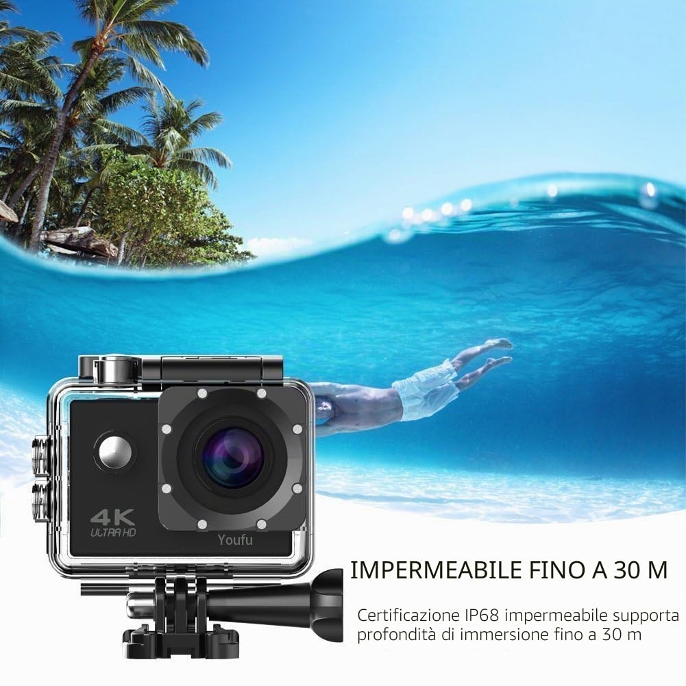 Action Cam 4K, WIFI Sport Action Camera Full HD 16MP/12MP, Fotocamera Subacquea 4k Impermeabile WebCamera 170°Grandangolare 2.0" Schermo LCD con Vari Accessori Kit, Nero