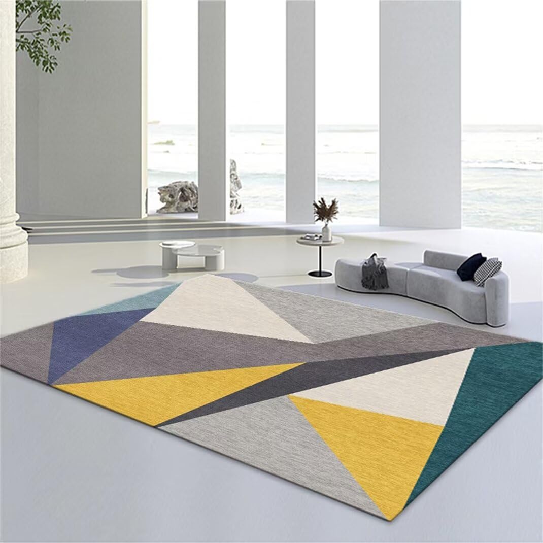 Tapis de salon XXL 200x280cm jaune à motif géométrique moderne lavable