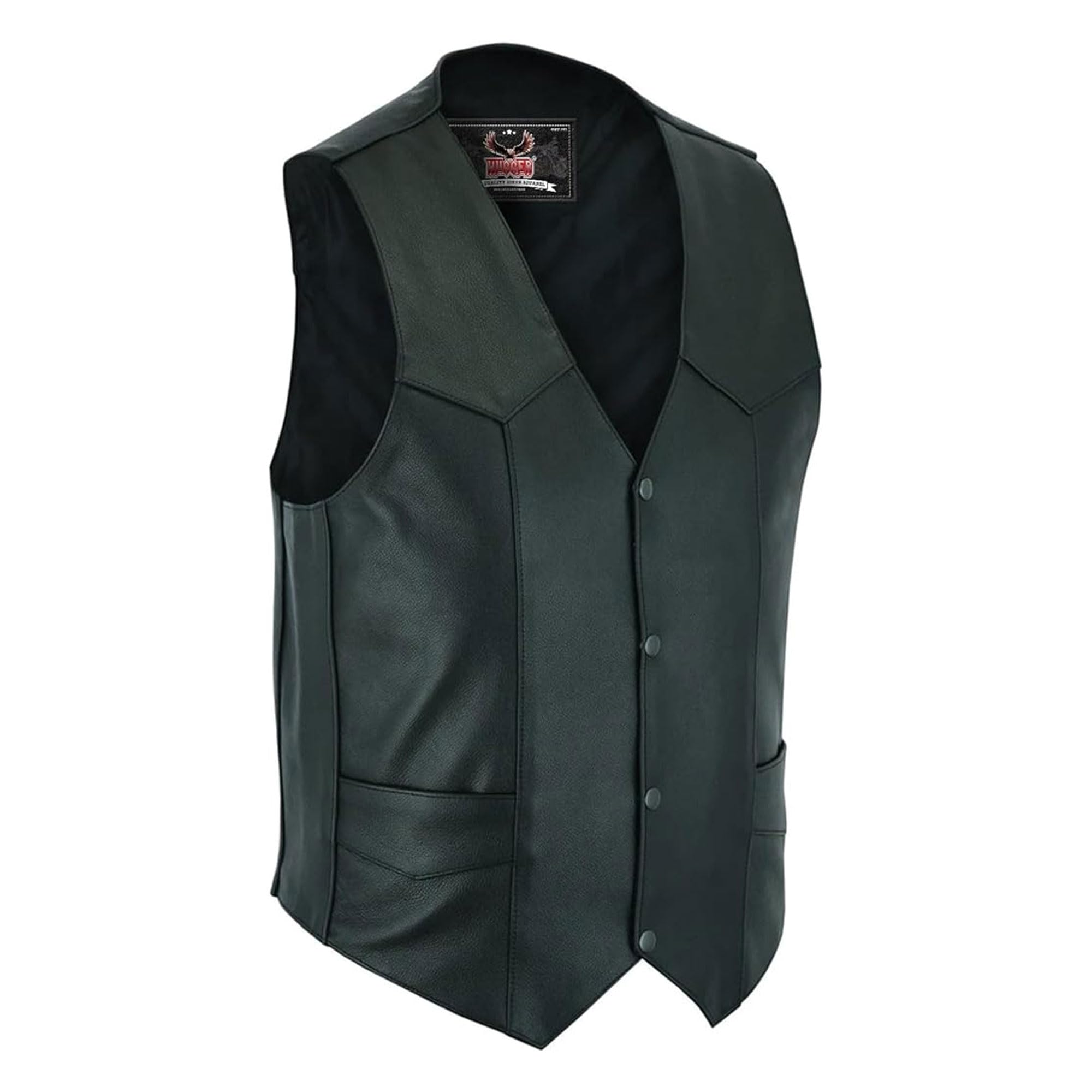 Hugger Men’s Premium Cowhide Biker Vest Black Motorcycle Club Style Vest with Multiple Pockets Sizes (38-66)