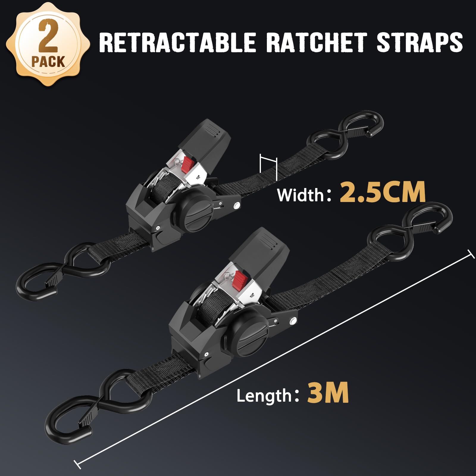 Confezione da 2 cinghie retrattili a cricchetto, 2,5 cm x 3 m, resistenza alla rottura 800 kg | Cinghia resistente con ganci a S auto-retract e antiruggine, per fissare il carico su rimorchi, camion, ATV e moto