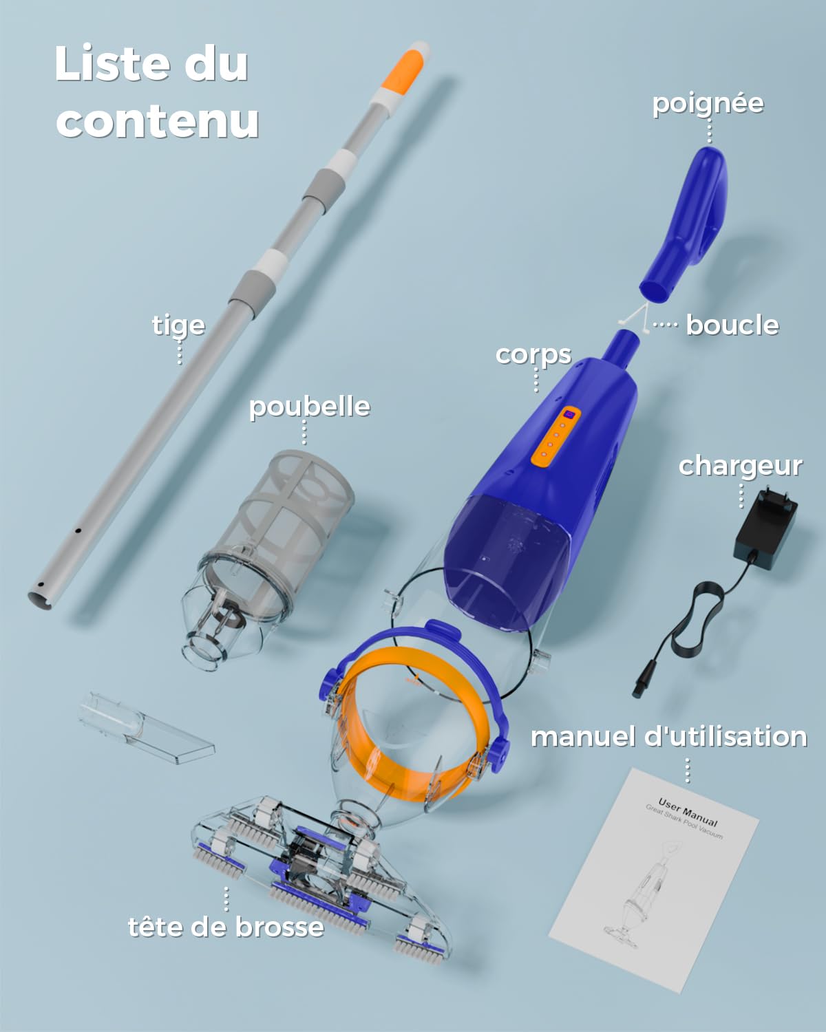 Great Shark Aspirateur Piscine sans Fil avec Interrupteur à Distance, Perche Télescopique 1,8 m, 75 Min d’Autonomie, Aspiration 18 GPM, Nettoyeur Piscine pour Piscines Hors Sol, Spa et Jacu (Bleu)