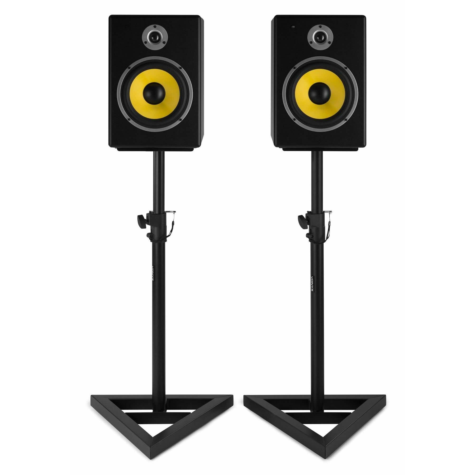 Vonyx Set 2 Soportes de Monitor de Estudio Ajustables 65–115 cm, Base Triangular, Tiras Antideslizantes, Picos o Gomas para Suelo, diseño metálico Resistente y Elegante
