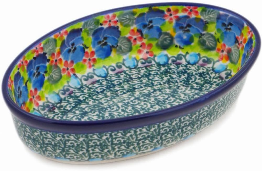 Polmedia Polish Pottery Condiment Dish UNIKAT - Pretty Pansies Pattern Handmade in Boleslawiec Poland by Ceramika Artystyczna + Certificate of Authenticity