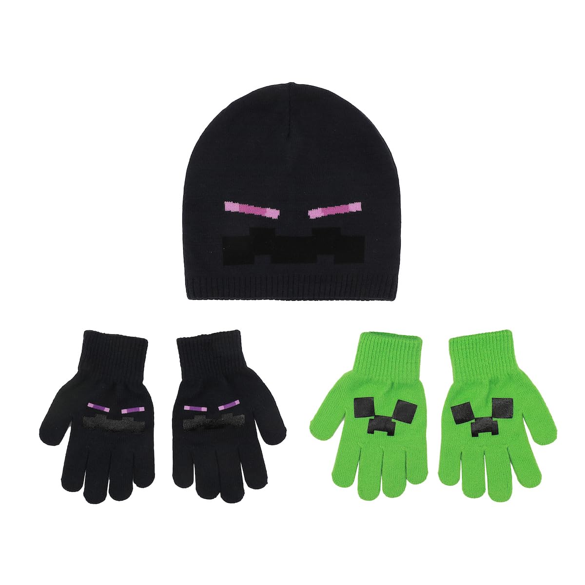 Minecraft Creeper & Enderman 3-Piece Beanie & Gloves Set
