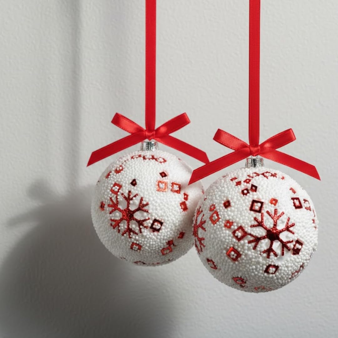 Wanna Party Christmas Glitter White Hanging Ball Ornaments Pack of 6 | Red Snowflake Xmas Tree Decoration Balls for Holiday Home, Party & Festive Celebration Decor 1