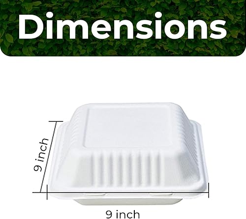 Miniatura 4 de Recipientes biodegradables de comida para llevar de 9 pulgadas, paquete de 50 cajas compostables para llevar con tapa con bisagras incorporada,