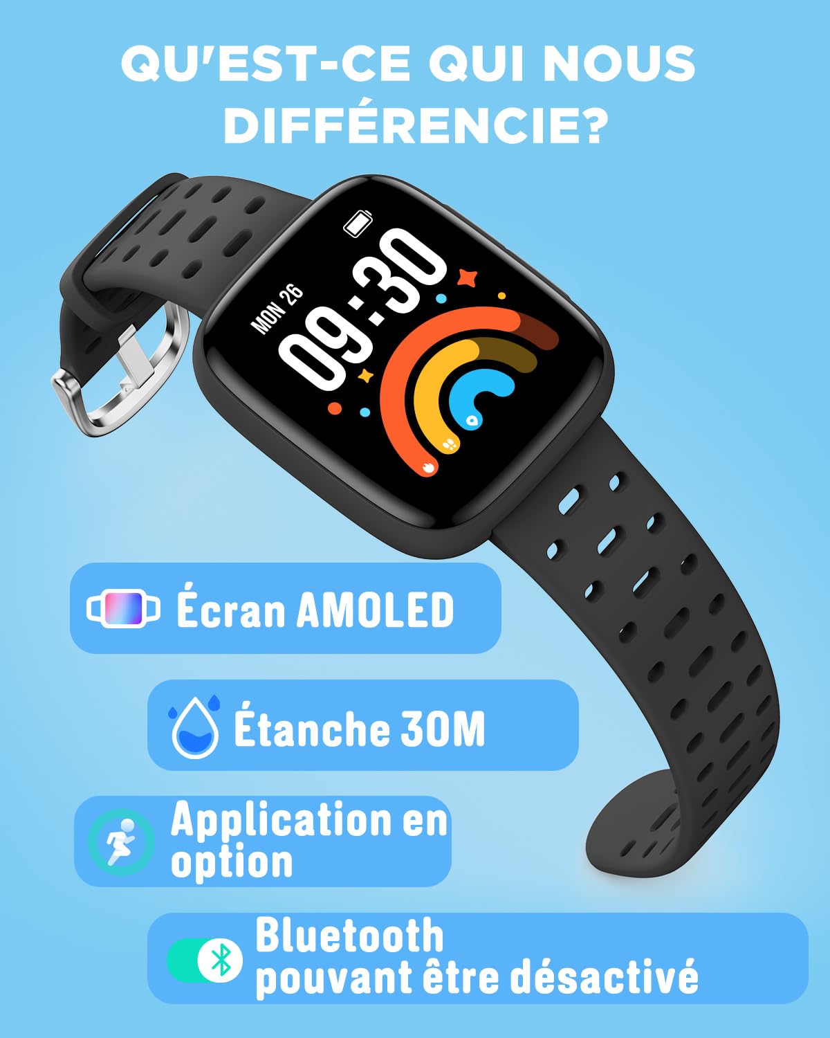 BIGGERFIVE Montre Enfant Connectée ou Non, 1,8" Amoled Smartwatch Podomètre | Cardiofrequencemètre, 30m Étanche, Moniteur de Sommeil, Jeux de Puzzle, 100+ Cadrans pour Garçons Filles Ados 5-16, Noir