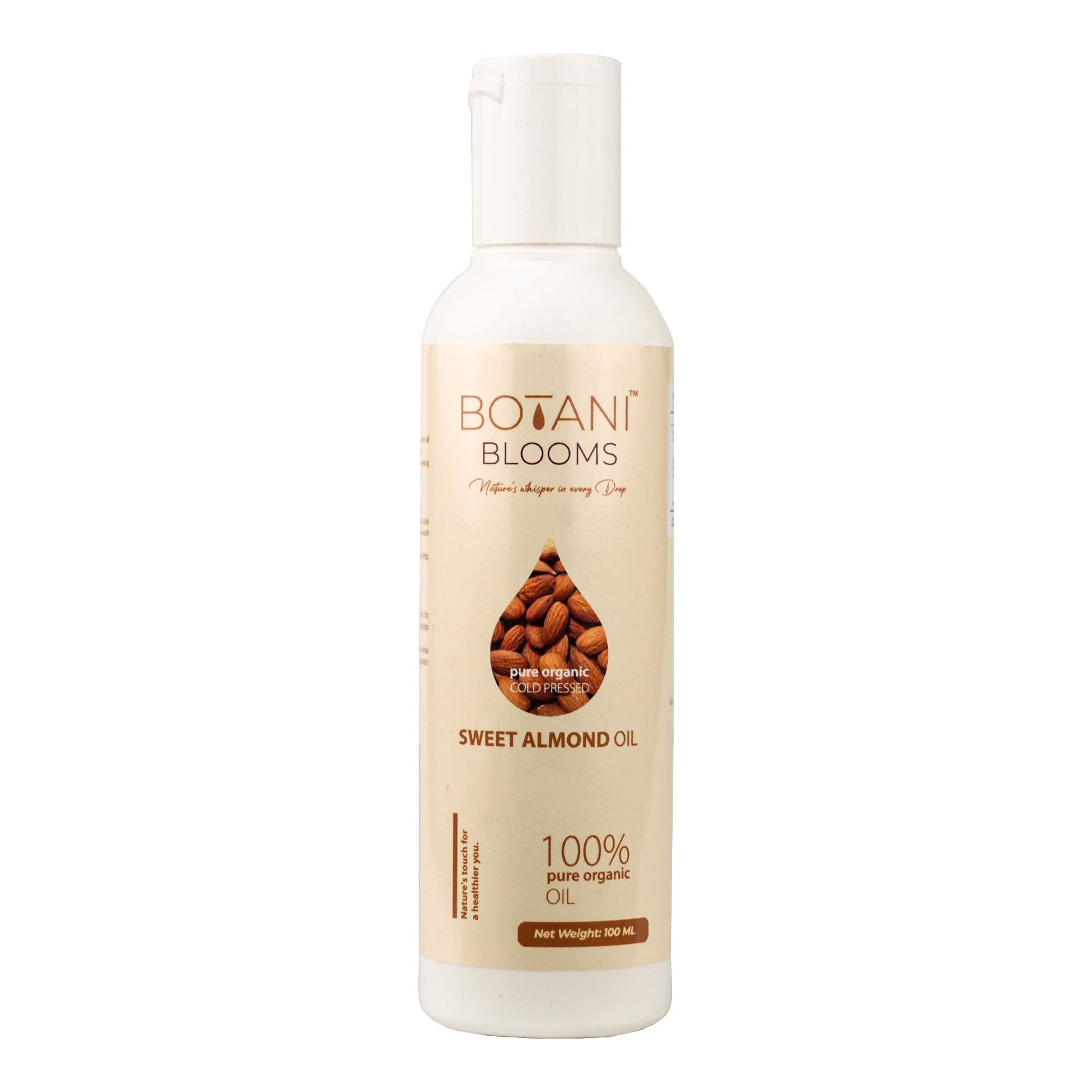 BOTANI BLOOMS100% pure organic and cold pressed sweet almond oil for healthy hair and glowing skin - edible- rich in Vitamin E- sharpens brain- improve digestion and helps to build stronger muscles -100 Ml