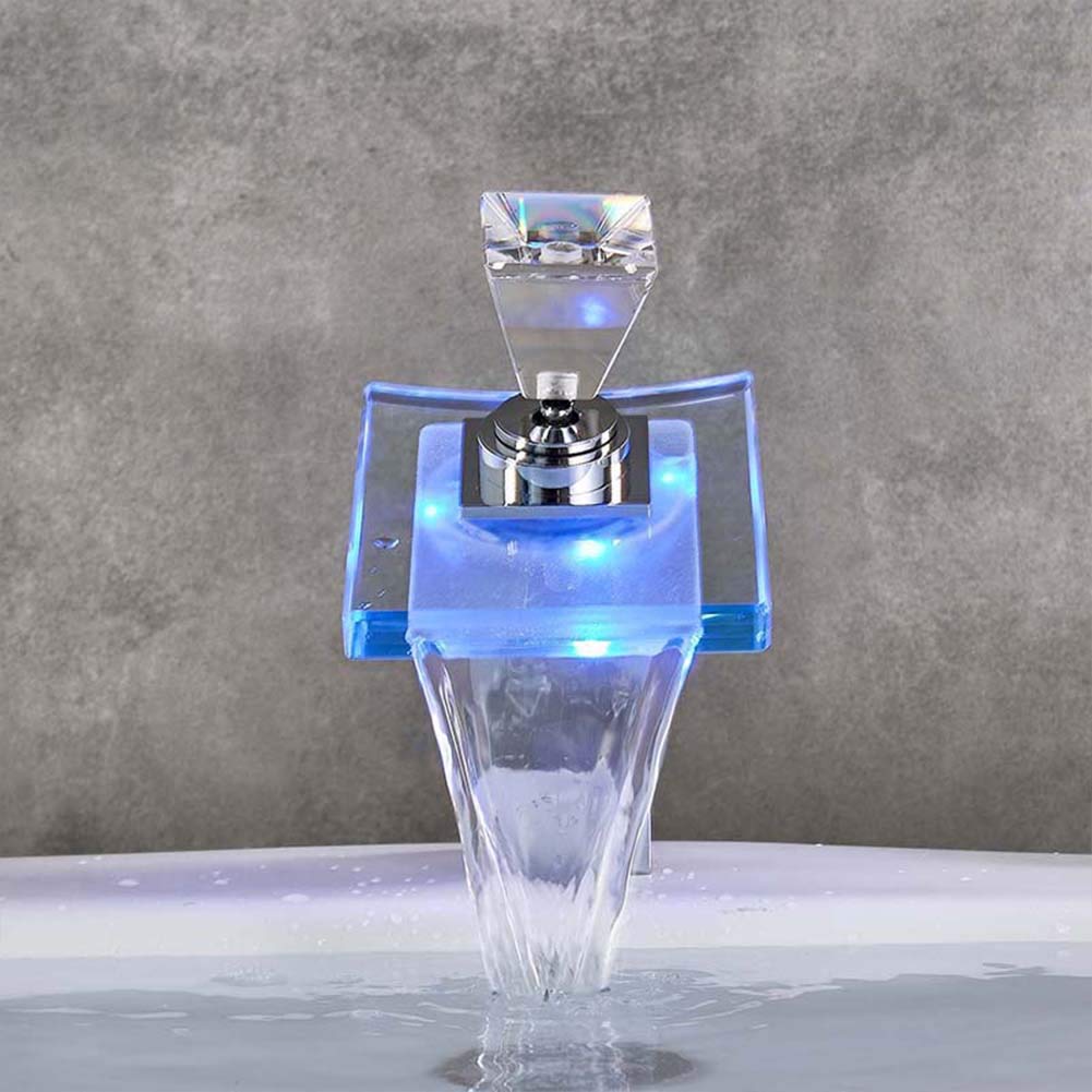 Grifo De Lavabo Cascada Con Iluminación LED Grifo Baño De Latón Con Agua Fría Y Caliente Disponible, Moderno Monomando Cromado Grifo De Cuenca Con Válvula De Cerámica, Ahorrar El Agua