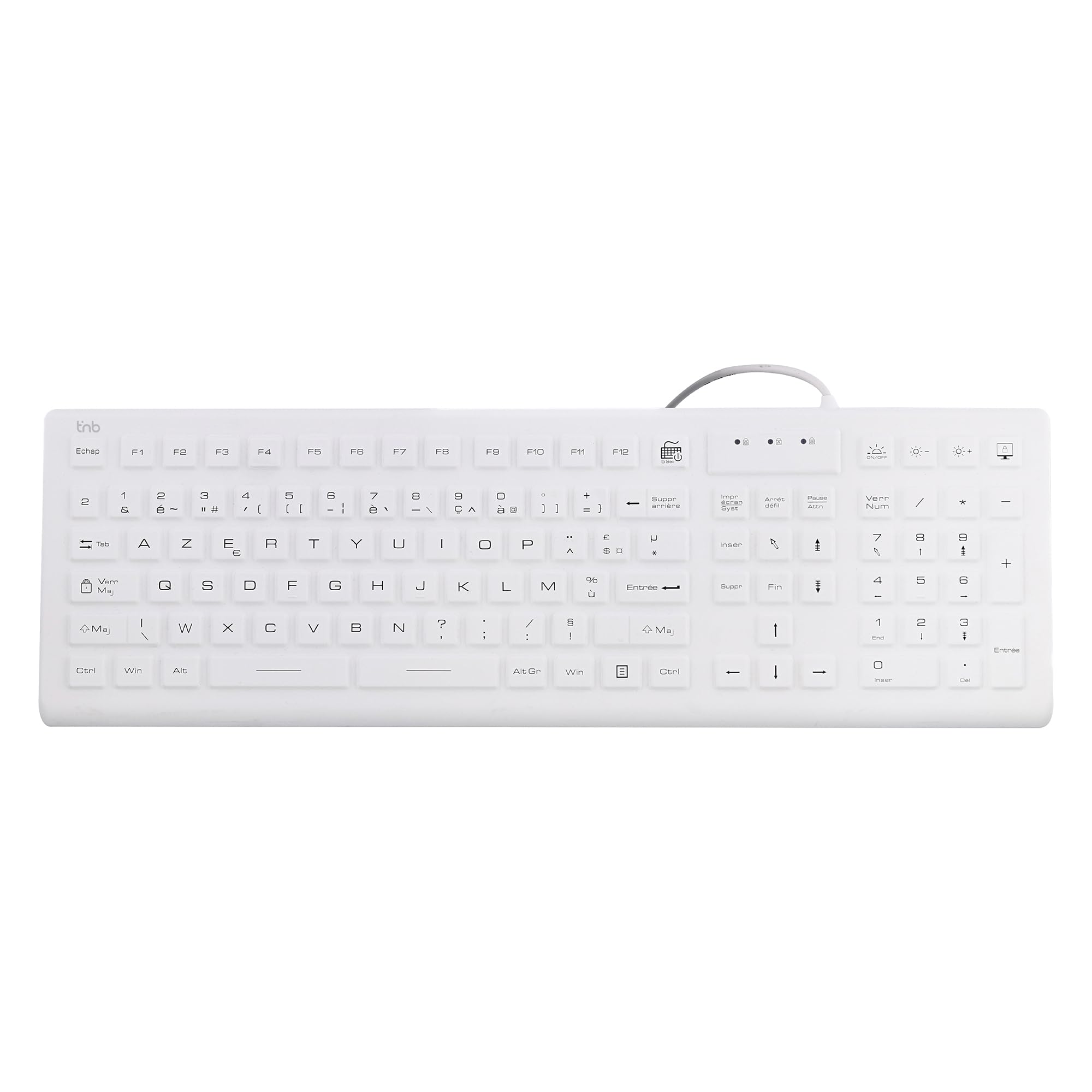 T'nB - Clavier Filaire Médical 100% Etanche certifié IP68, Résiste à l'eau et à la Poussière, Rétroéclairé, Layout Français AZERTY, Revêtement Silicone Facilement Nettoyable, Antibactérien- Blanc