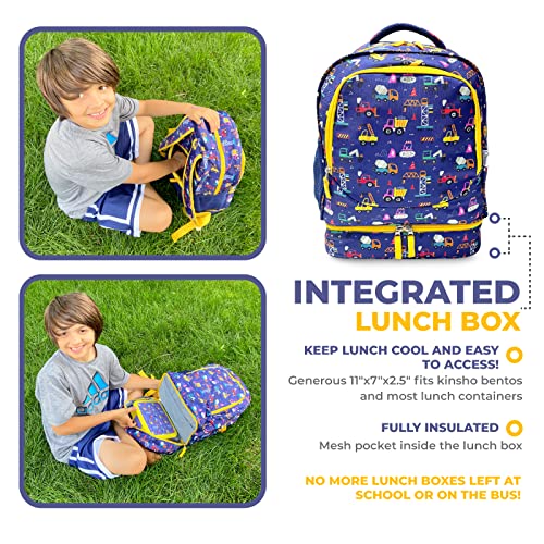 Backpack With Lunch Box For Boys, Cute 15” Boy Backpacks And Integrated Lunch Bag With Water Bottle Pocket Holder, Insulated Padded Travel Bags Boxes For Elementary School Kids, Blue Yellow Trucks #TOP3