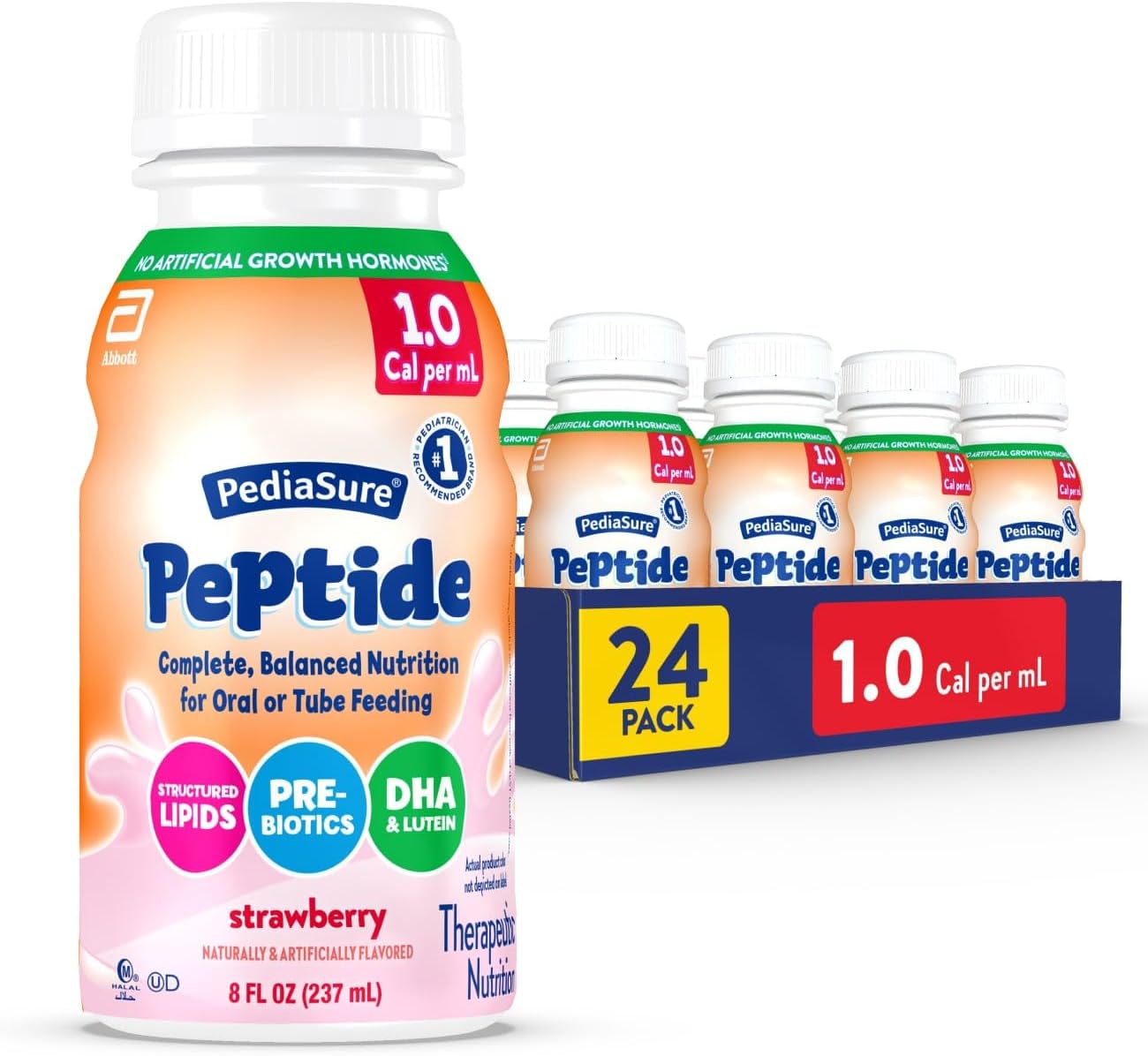 Peptide 1.0 Cal, Peptide-Based Formula, Sole-Source Nutrition Drink for Tube Feeding or Oral Nutrition, Strawberry, 8-fl-oz Bottle, Pack of 24