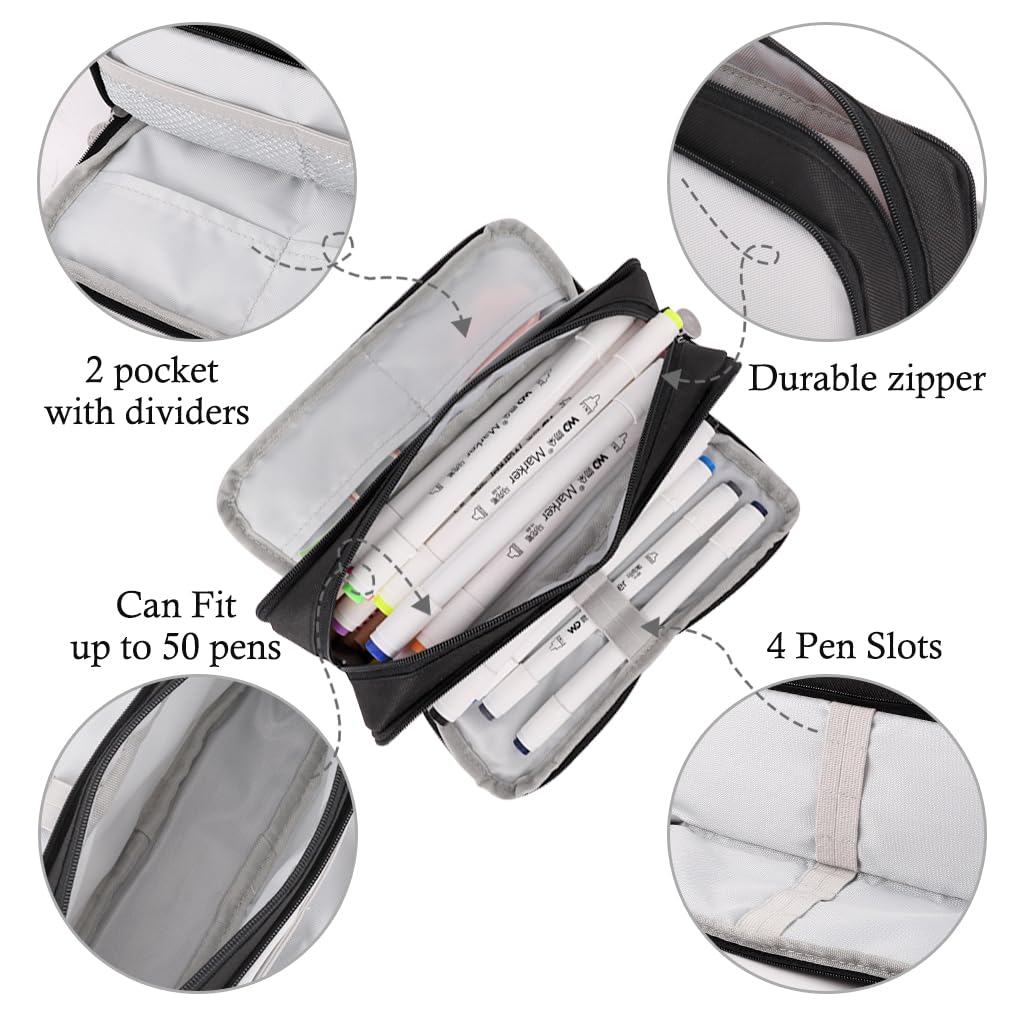 Oyachic 3 Compartment Pencil Case Large Capacity Pen Pouch Oxford Storage Bag Cosmetic Makeup Case for Men Women Adults Travel Business Office (Black) - Image 2