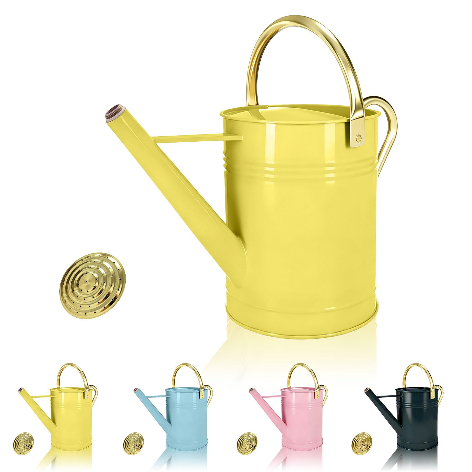 LONGRUN 6.5L Galvanised Watering Can with Rose Head, Yellow