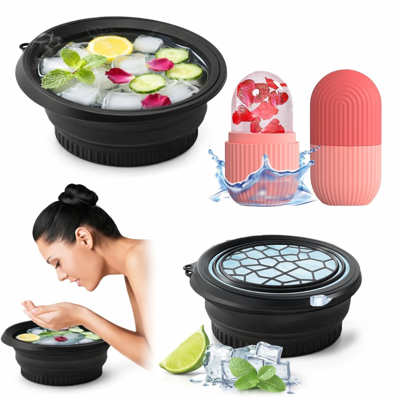(Free Hook 2-pic) Silicone Collapsible Face Bowl with Built-in Ice Tray, Modern Style, Black, Round, Dishwasher Safe, for Face Bath, Soaking, Washing | BPA-Free | for Men and Women-picture-46