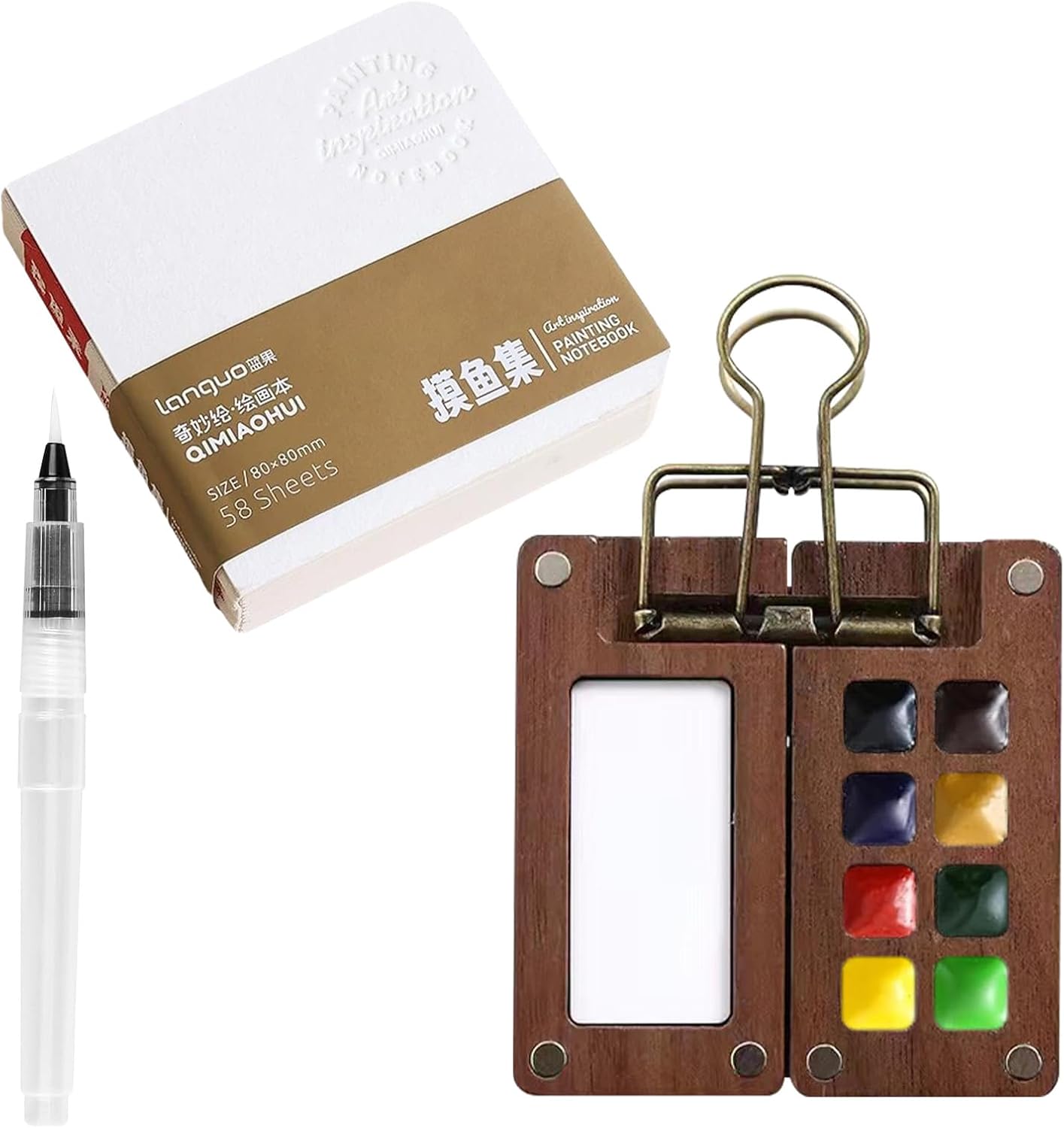 Pocket Artist Aquarel Reisset, draagbaar palet met 8 rasters met metalen clip en aquarelpen, mini-aquarelset om onderweg te schilderen, voor kunstenaars en schilders