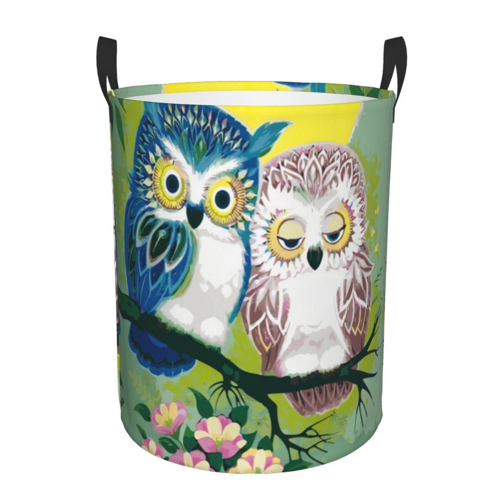 S Circular Hamper – Collapsible Couple Owl Perch Tree Print Laundry Basket