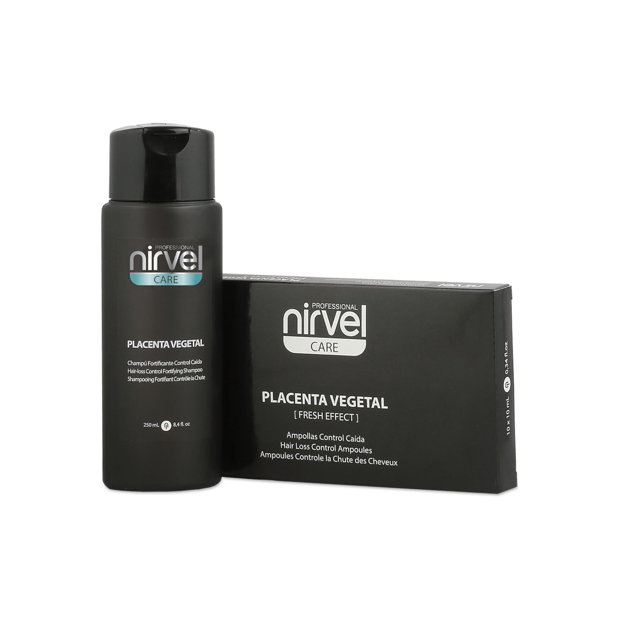 Cofanetto anticaduta, 10 fiale + Shampoo da250 ml, alla placenta vegetale nirvel.