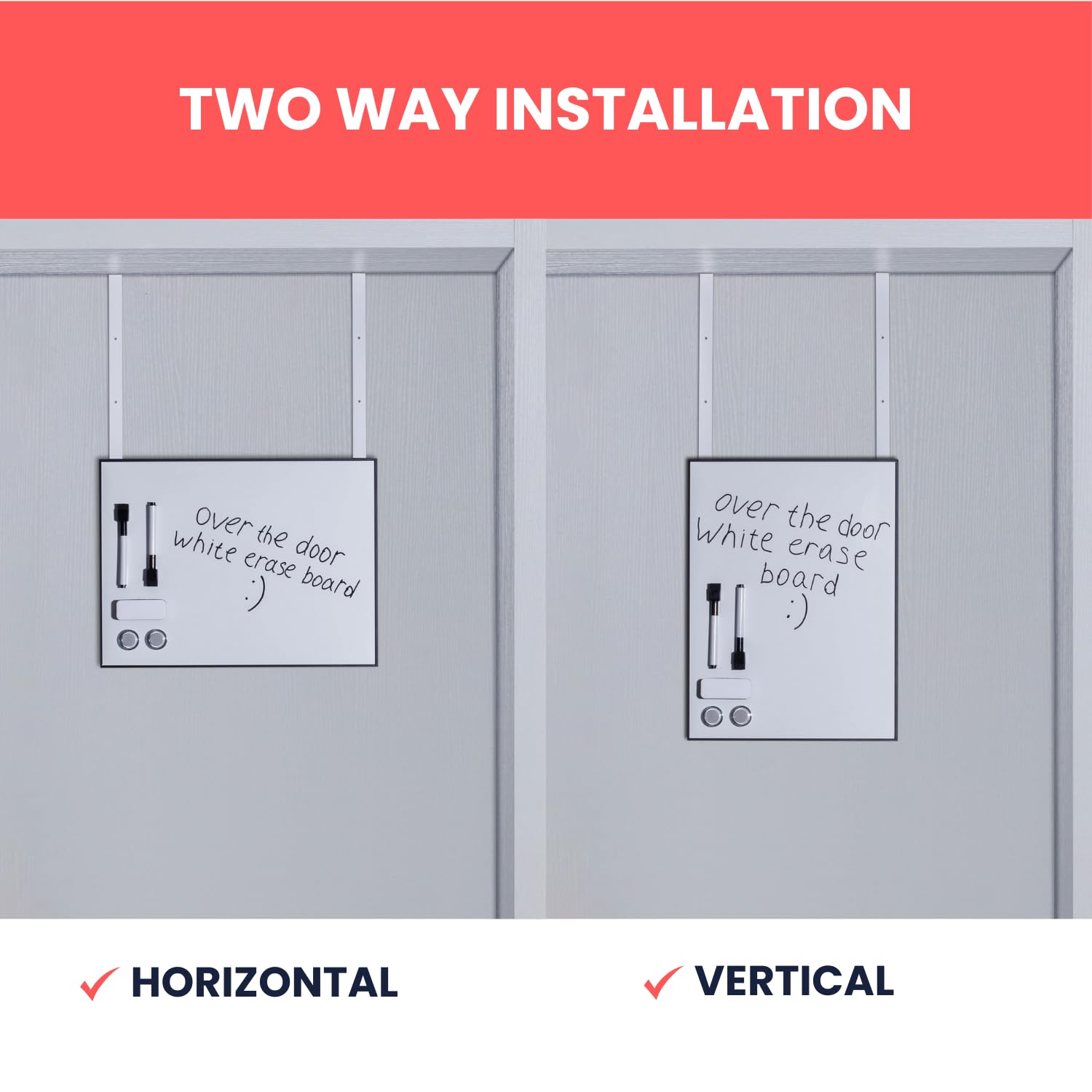 Over The Door Whiteboard - Dry Erase Board For Door With Adjustable 4 Heights Horizontal Vertical Installation White Board Office White Board Eraser Magnet 2 Markers 2 H