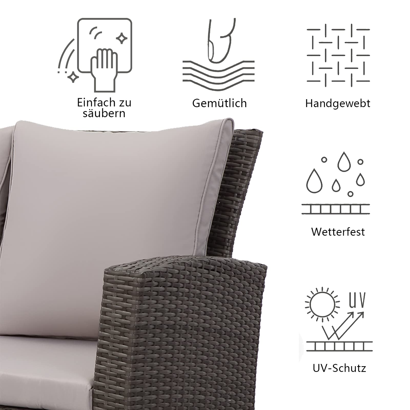 GLP Balkonmöbel Set 4 Personen Polyrattan Gartenmöbel Set Lounge Terrassenmöbel Wetterfest mit 2-Sitzer Sofa Sessel Couchtisch Auflagen Kissen für Garten Balkon Terrasse Outdoor (Grau & Hellgrau)