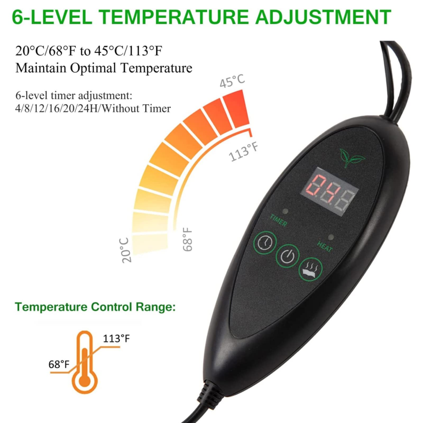 Tappetino Riscaldante Impermeabile per Piantine E Controller Termostato, Tappeto Termico per Serra Germinazione Anfibi Rettili con LED E Sonda Regolabile, 6 Temperature E 6 Set di Timer,10"x20"
