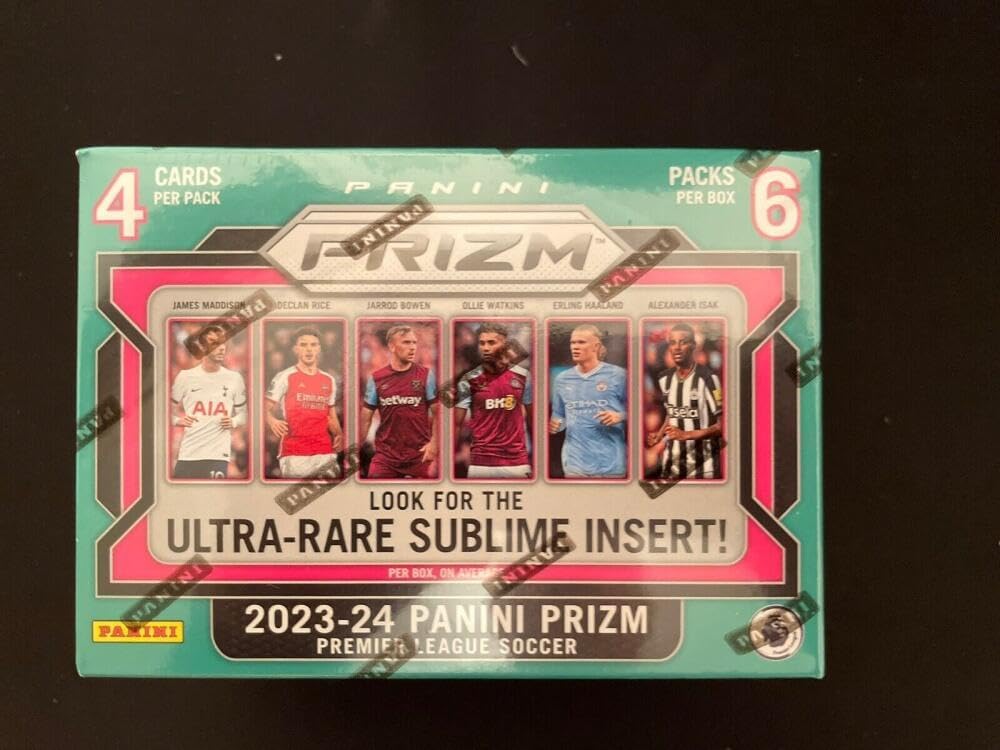 2023-24 Panini Prizm EPL Premier League Soccer Factory Sealed Blaster Box 24 Cards 6 Packs of 4 Cards, Box states that there are 18 Blaster Exclusive Pink Mosaic Per Box, 3 Other Prizms and 2 Insert Per Box, on average! Chase Ultra Rare Sublime Inserts! Chase rookie cards of an Amazing Rookie Class! Blasters are my personal favorite!