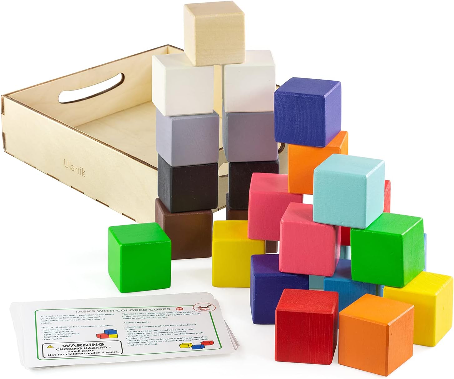 Ulanik Large Colored Cubes Toddler Montessori Toys for 3 Year Old + Kids Wooden Building Blocks Game for Learning Color Sorting and Counting — 25 pcs, 1.6 in
