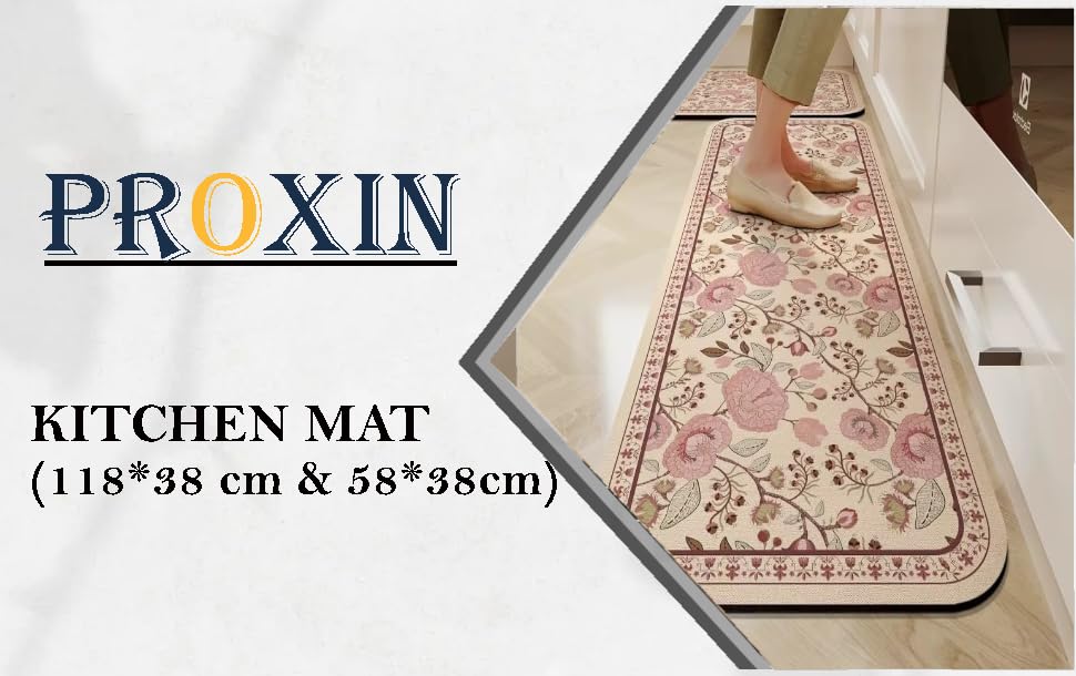 Image of Proxin Rubber Kitchen Mats for Floor 2 Pcs Non Slip Kitchen Mats Washable Cushion Rug for Home, Cooking & Standing Comfort Kitchen Decor with Modern Design with Easy to Clean (118 x 38cm, 58 x 38cm)