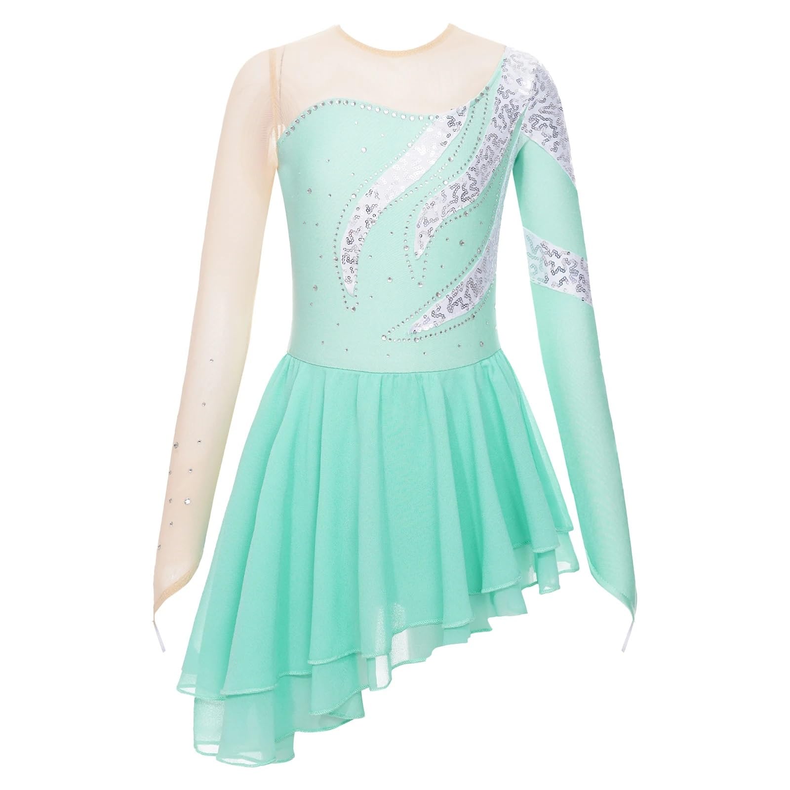 Gymnastikanzug Mädchen Mädchen Eiskunstlauf Kostüm Langarm Pailletten Ballett Tanz Kleid Gymnastik Trikot Wettbewerb Leistung Dancewear(Color1,8Y)