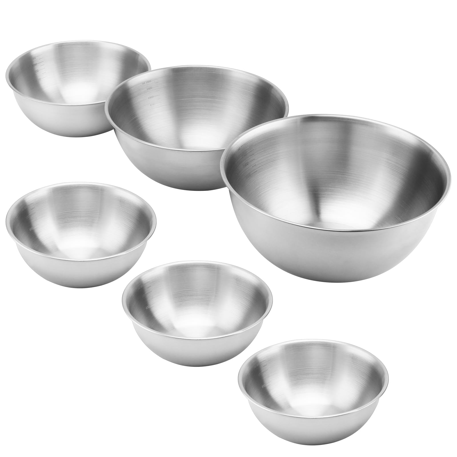 6-częściowy zestaw misek metalowych, zestaw misek ze stali nierdzewnej w 4 rozmiarach od 800 ml 1200 ml 1800 ml 2200 ml, misek odpornych na mycie w zmywarce ze skalą, miski do mieszania