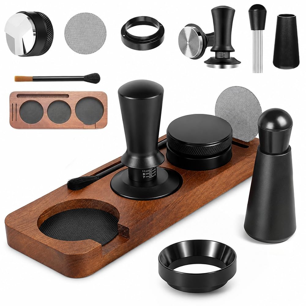 Tamper Espresso Zestaw 8 sztuk 51 mm, akcesoria do espresso z tamperem do kawy 51 mm ze stacją Tamper, narzędzie WDT, pierścień dozujący do ekspresów, kawiarni