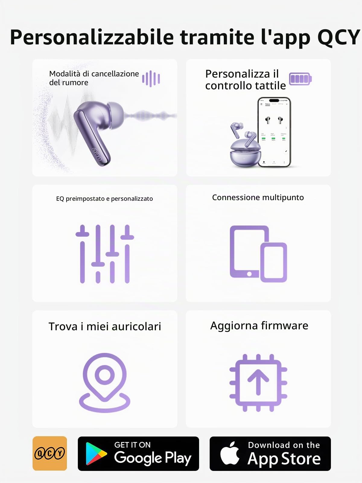 QCY MeloBuds N70 Auricolari Bluetooth Wireless,Cancellazione Attiva del Rumore Ibrida,56dB ANC Adattiva Cuffie Bluetooth 6.0 In-Ear,6 Mics,Chiamate nitide, LDAC Hi-Res Audio, 50 ore,Ricarica Wireless