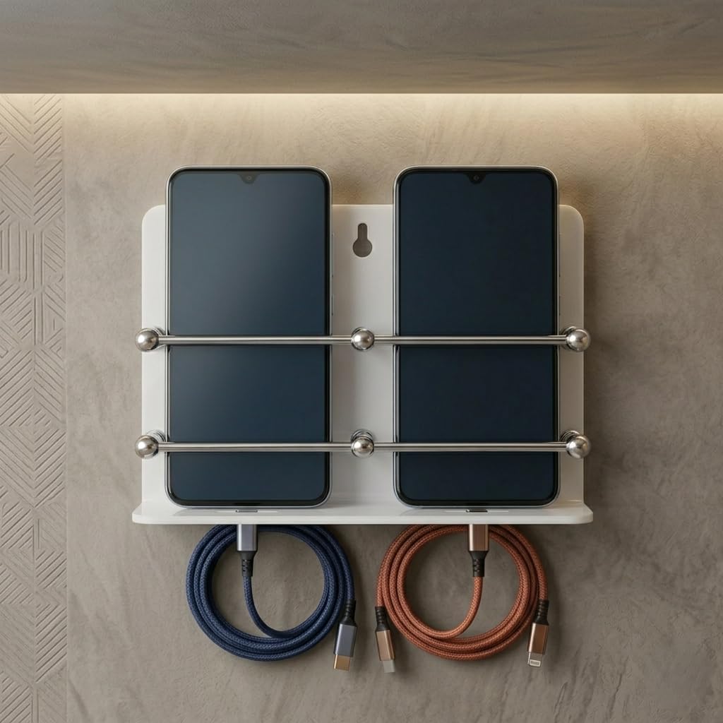 Rebirth Wall Mounted Mobile Charging Stand & Remote Holder Rack for Home and Office | Multi-Purpose Organizer Shelf with Dual Steel Rods | White-image-35