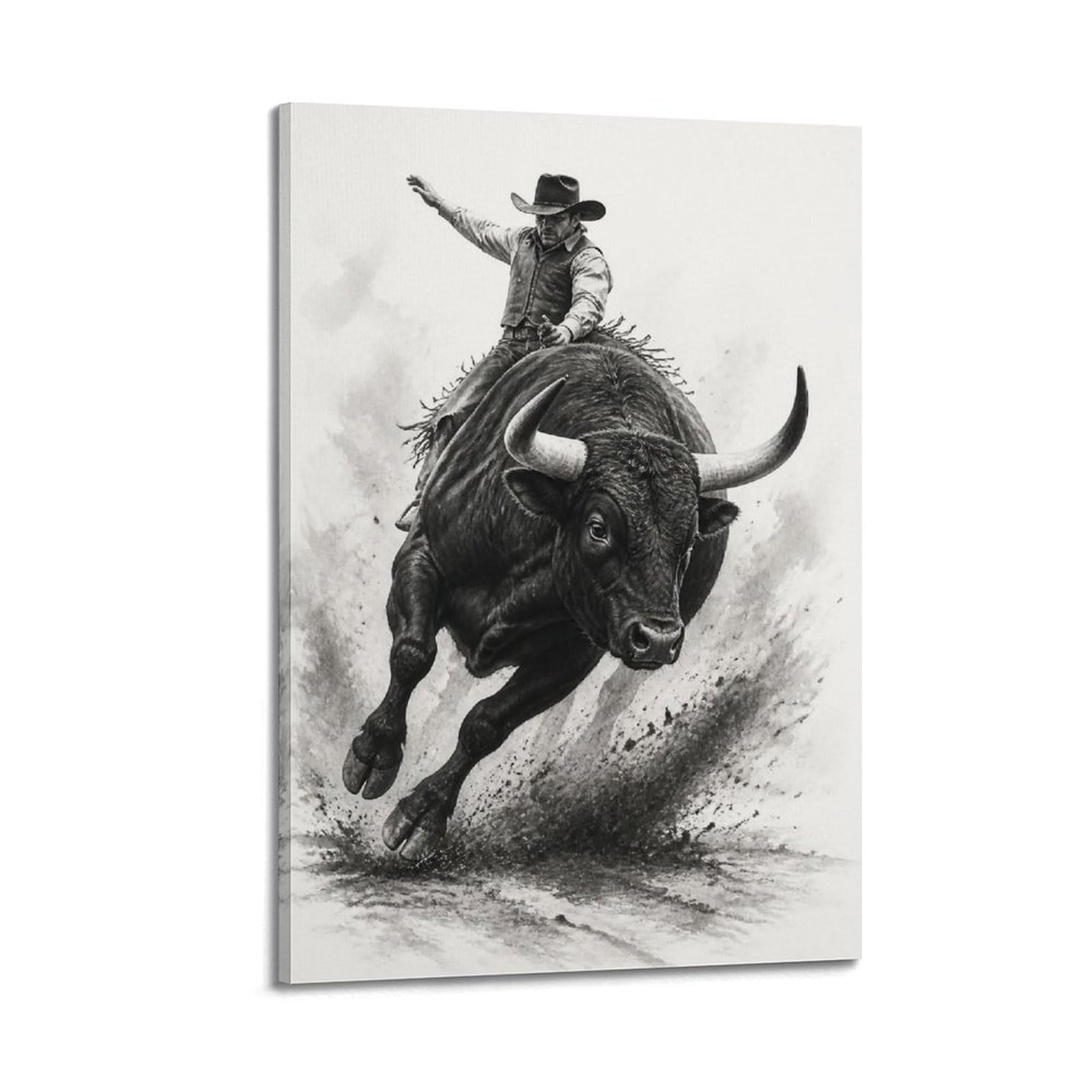 OKAHYS Monochrome Rodeo Bull Rider Poster Black Rustic Ranch Western Modern Decorative Canvas Prints - Ideal Wall Art for Family, Man Cave, Game Room, Boys & Girls Bedroom 16x24inch(40x60cm)
